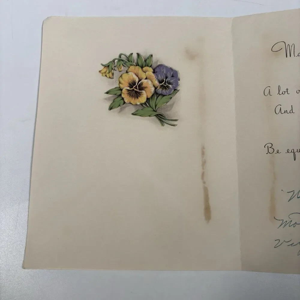 Vintage Easter Greeting Card Mother Dad Gold Foil Embossed House Pansies 1952